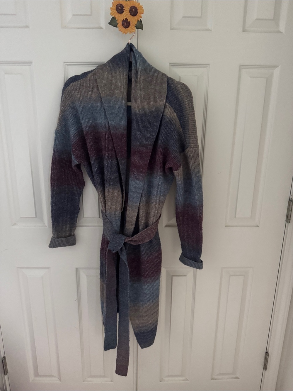 Belldini Blue Gray and Burgundy Striped Knit Belted Cardigan